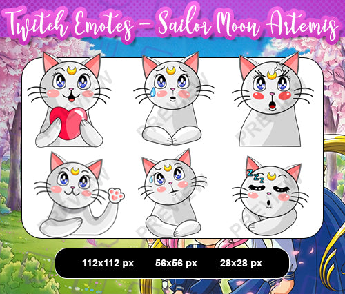 6x Pack Artemis Sailor Moon Twitch Sub Emotes - streamintro.com