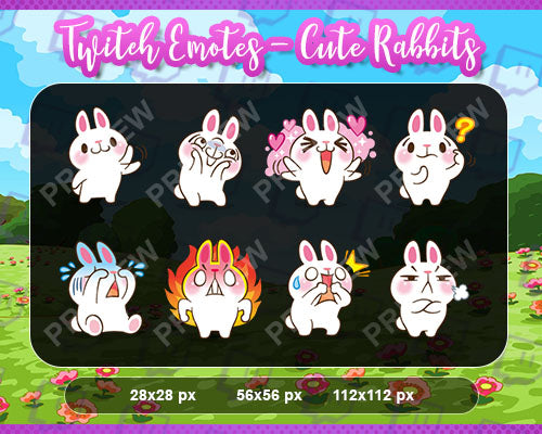 8x Pack Cute Rabbits Twitch Sub Emotes - streamintro.com